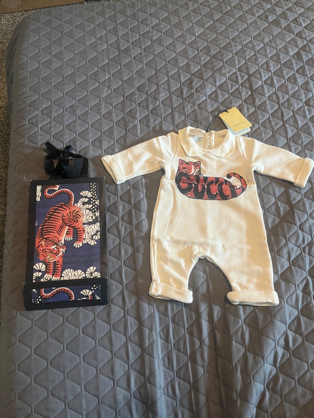 Gucci Cream Baby One-Piece with Red & Black Tiger Graphic